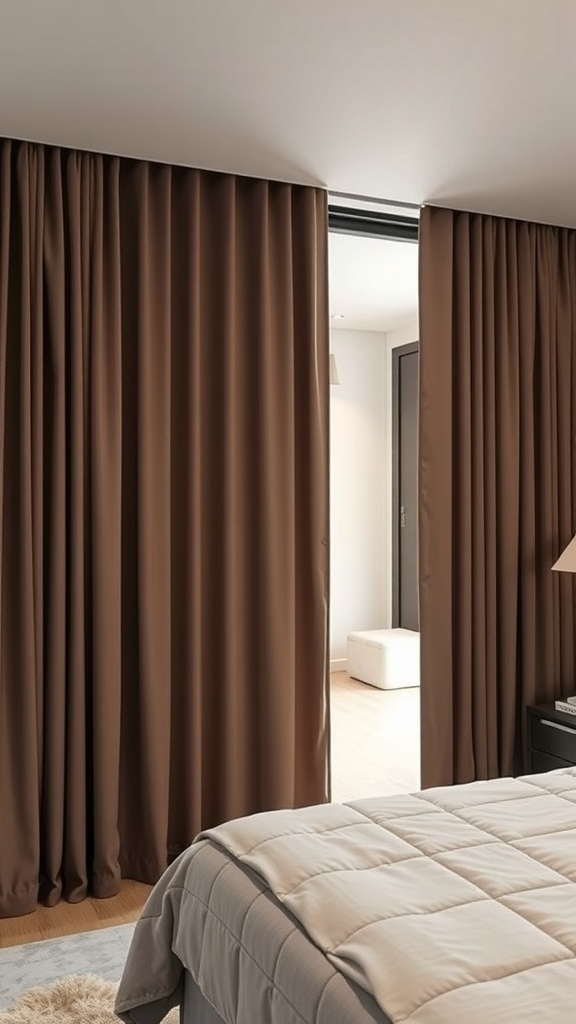 Sliding brown curtains creating a private space in a shared bedroom