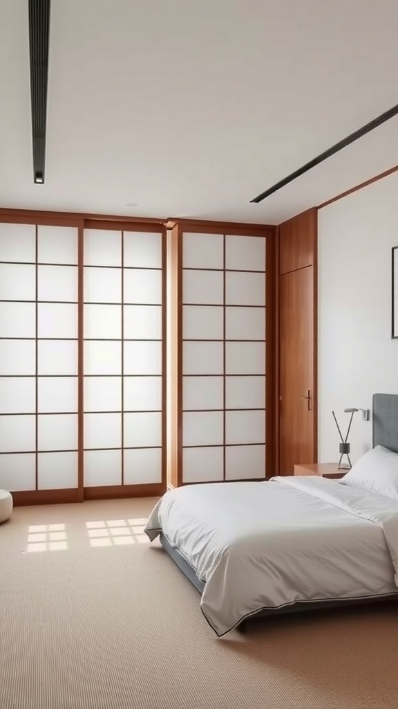 A serene bedroom featuring sliding doors as room dividers, showcasing a Japandi design aesthetic.