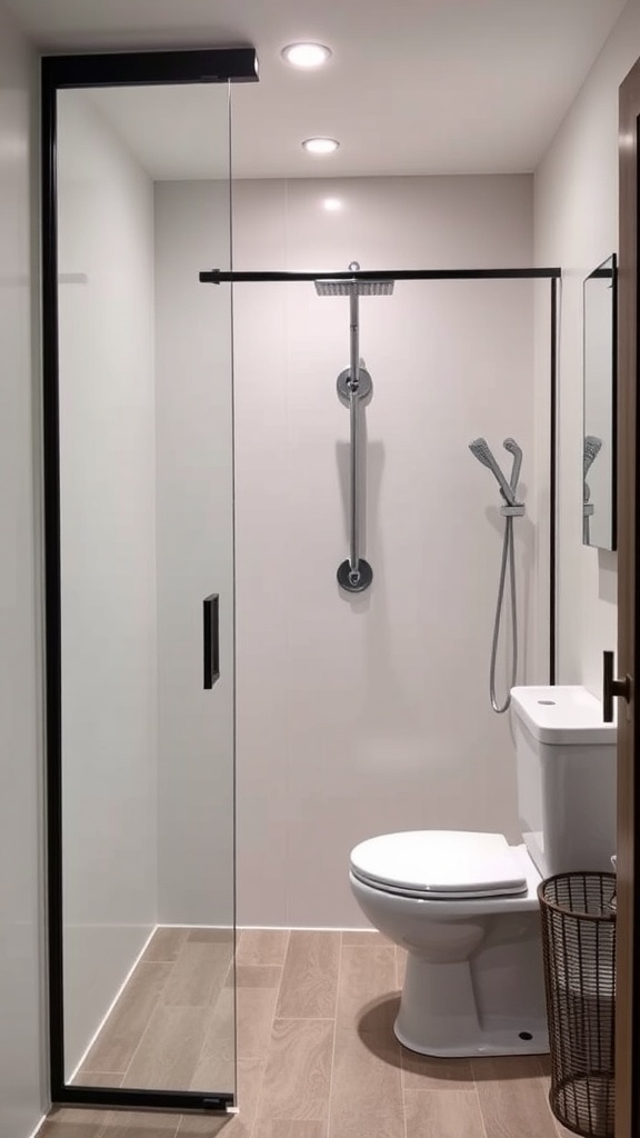 A modern sliding shower door in a compact bathroom with a sleek design.