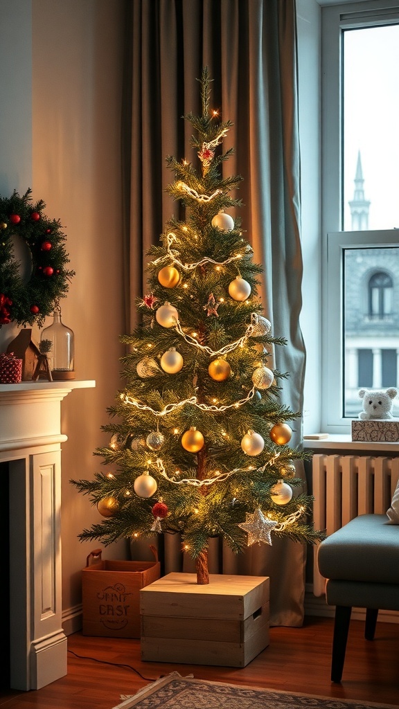 A slim Christmas tree decorated with gold ornaments and warm lights in a cozy apartment setting.