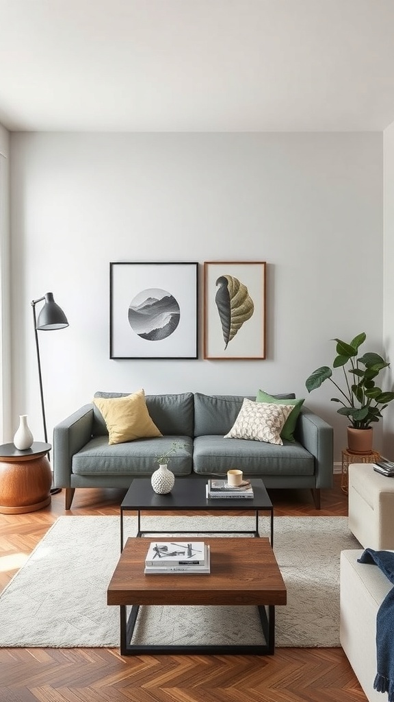 A stylish small living room featuring slimline furniture, including a narrow sofa and sleek coffee tables.