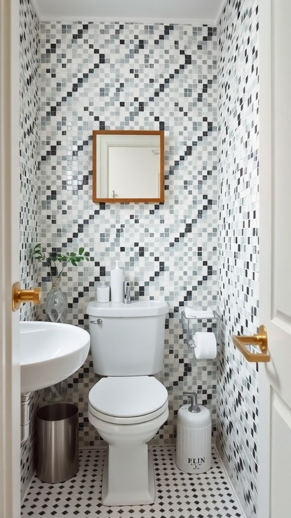 A small bathroom with black, white, and gray mosaic tiles on the walls and floor, featuring a round mirror and modern fixtures.