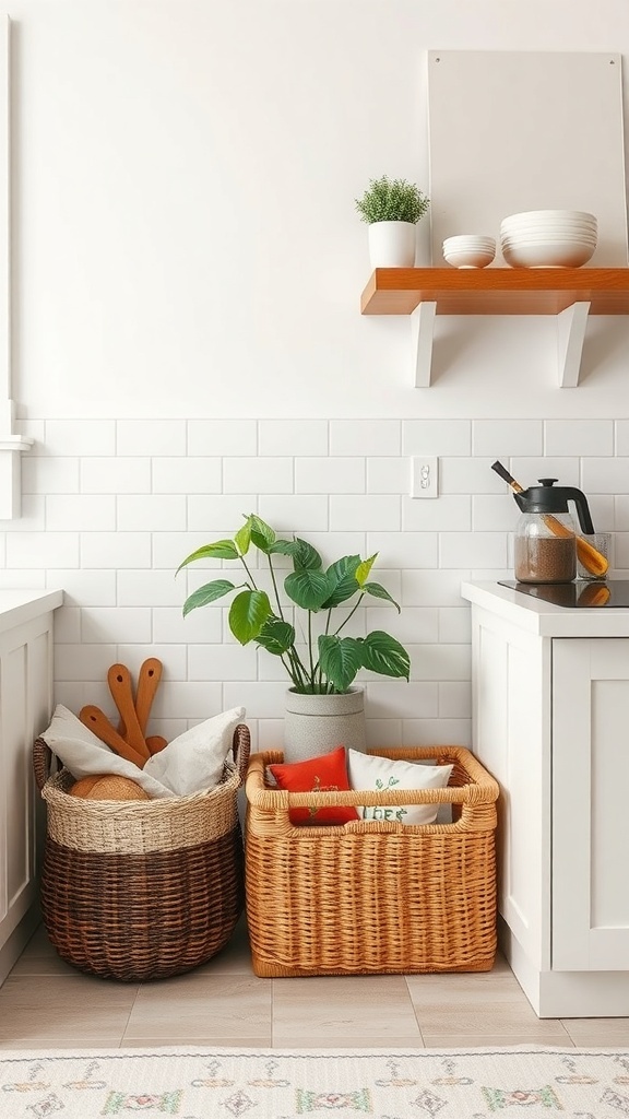 Smart basket groupings in a kitchen corner with plants and decorative items.