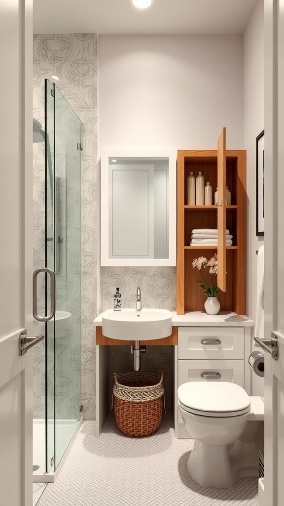 A modern bathroom featuring a corner cabinet and a floating sink, showcasing smart storage solutions.