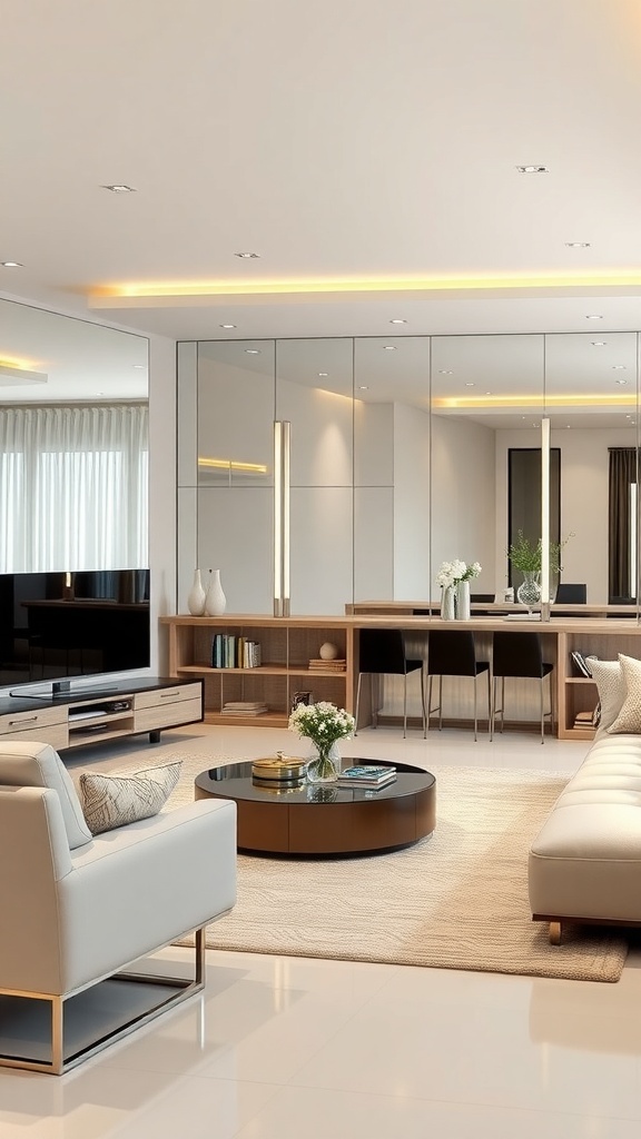 A modern living room featuring stylish furniture with storage options.