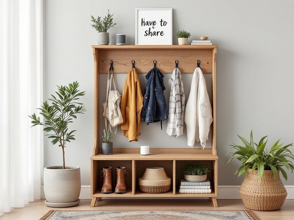 A wooden entryway organizer with hooks for coats, open shelves for shoes, and decorative plants.