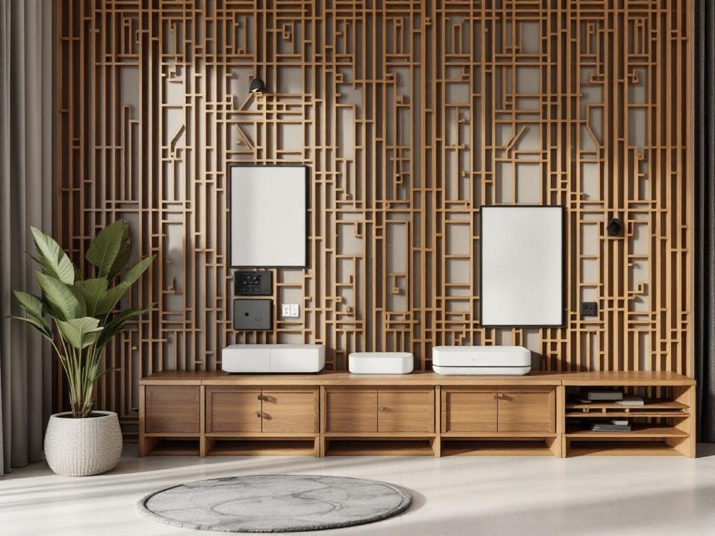 A stylish wooden panel covering smart home devices with an intricate design.