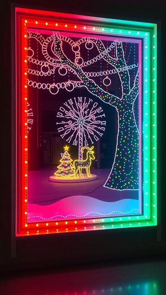 Colorful LED strip lights outlining a festive holiday window display with a Christmas tree and reindeer.