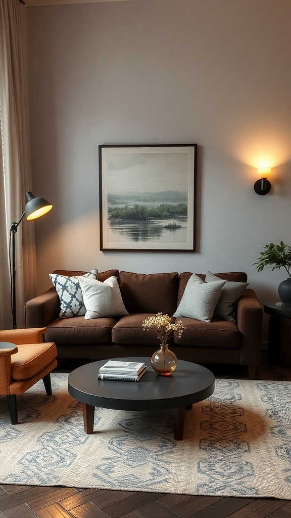 A masculine living room featuring a brown sofa, an orange chair, and layered lighting with a floor lamp and wall sconces.