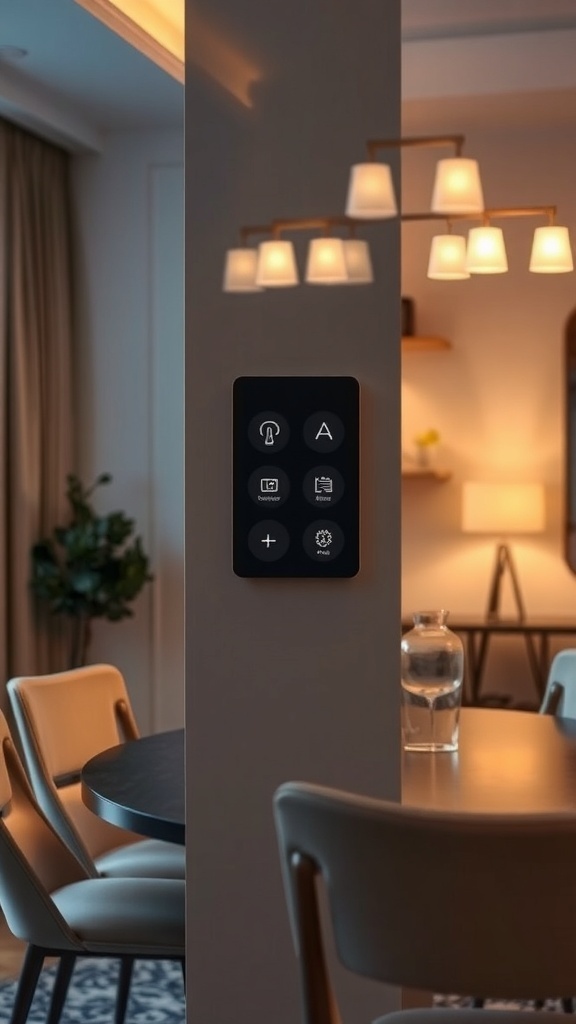 A smart lighting control panel on a wall in a dining room, showcasing various buttons for adjusting lighting settings.