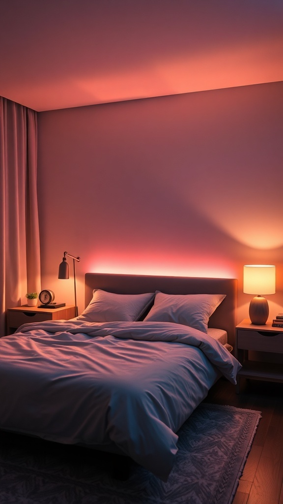 A modern bedroom with soft, adjustable lighting creating a calming atmosphere.