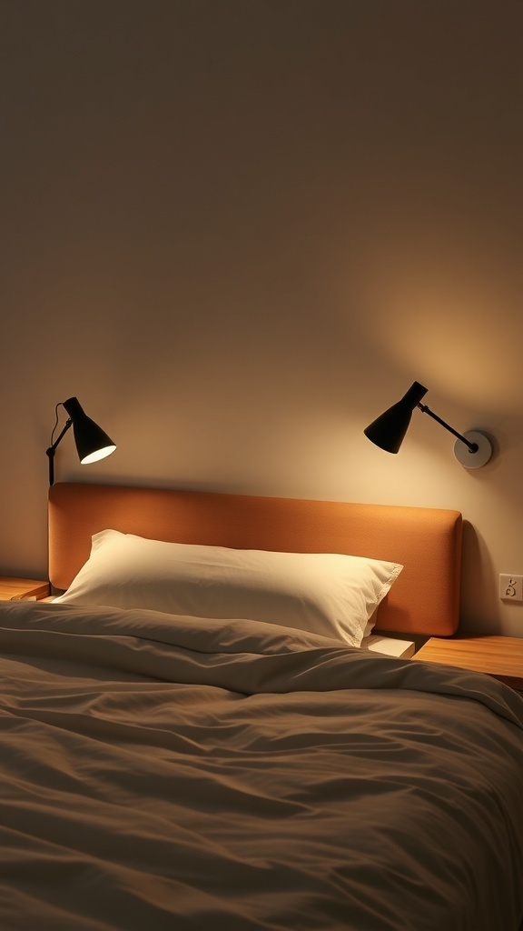 A stylish bedroom with wall-mounted lamps providing focused lighting.