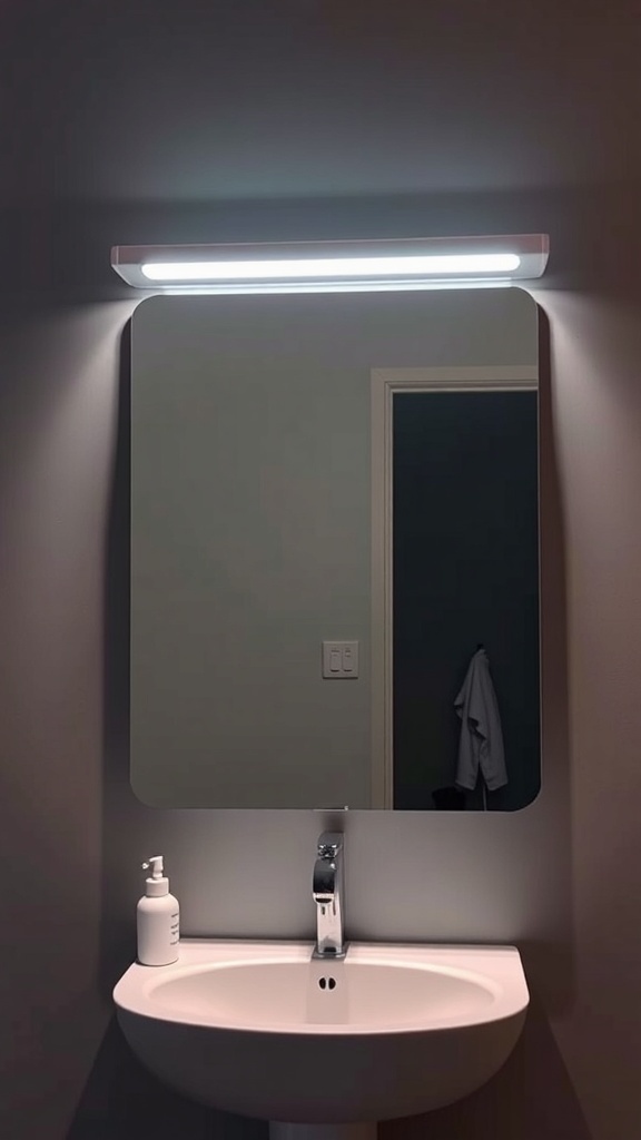 A modern bathroom featuring a sleek illuminated mirror above a minimalist sink.