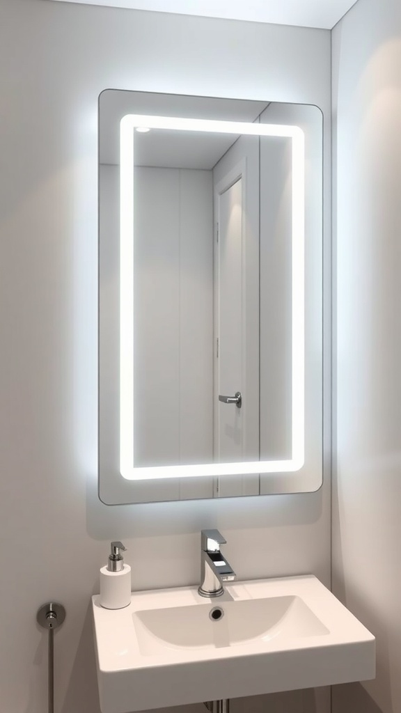 A modern smart mirror with built-in lighting and a minimalist design in a small bathroom.