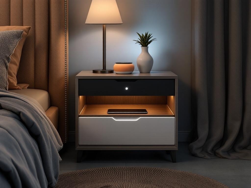 A modern smart nightstand with a hidden charging drawer, featuring integrated LED lighting and a sleek design.