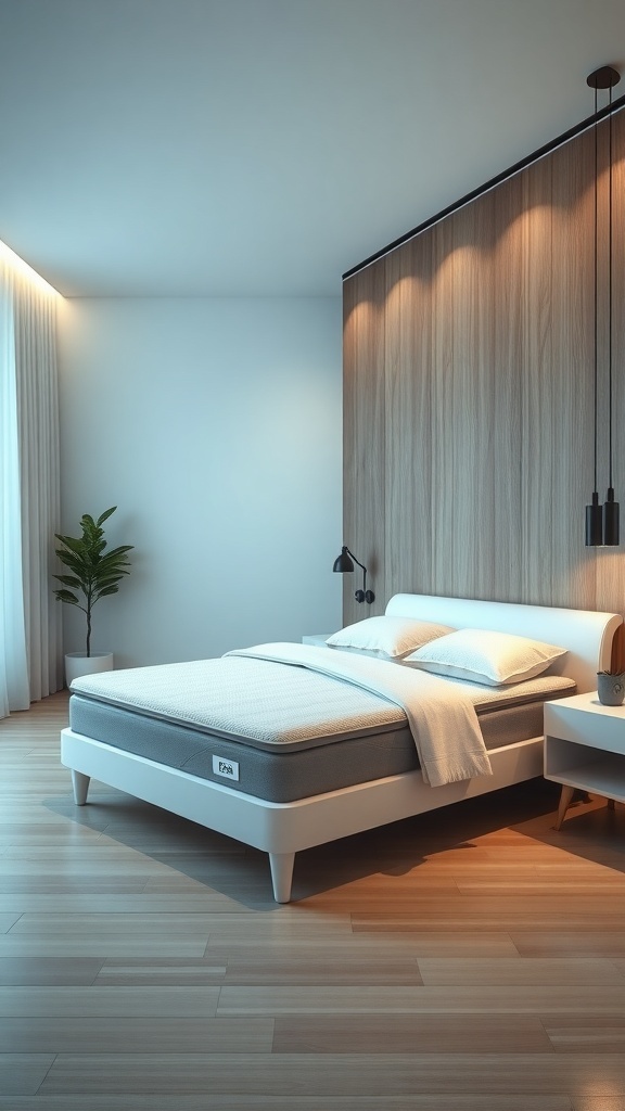 A modern bedroom featuring a sleek bed, warm lighting, and minimalist design elements, showcasing smart sleep technology.