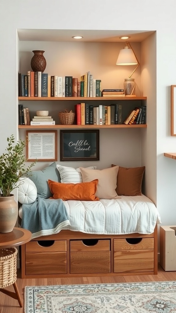 Cozy reading nook with built-in storage and bookshelves