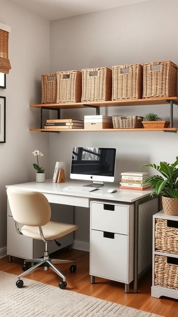 A modern home office featuring a sleek desk, comfortable chair, and organized storage with woven baskets on shelves.