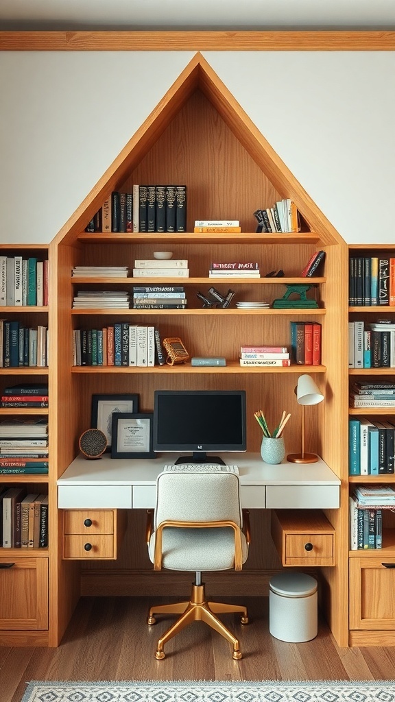 A stylish triangular desk nook with wooden shelves, a computer, and a neutral-toned chair.