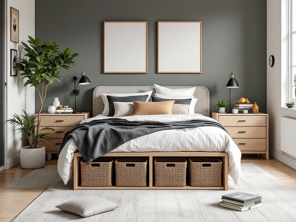 A modern bedroom with a bed featuring built-in storage, woven baskets underneath, and warm lighting.