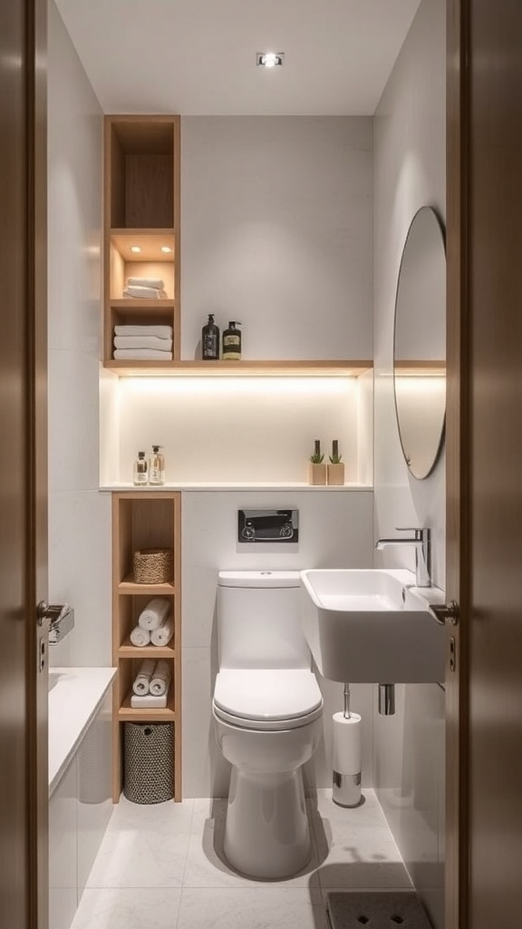 A stylish tiny bathroom featuring smart storage solutions with wooden shelves, neatly arranged towels, and modern fixtures.