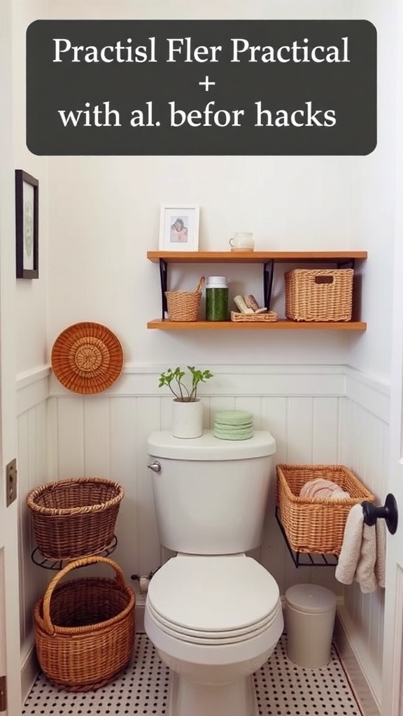 A small bathroom featuring floating shelves, decorative baskets, and a clean, organized look.