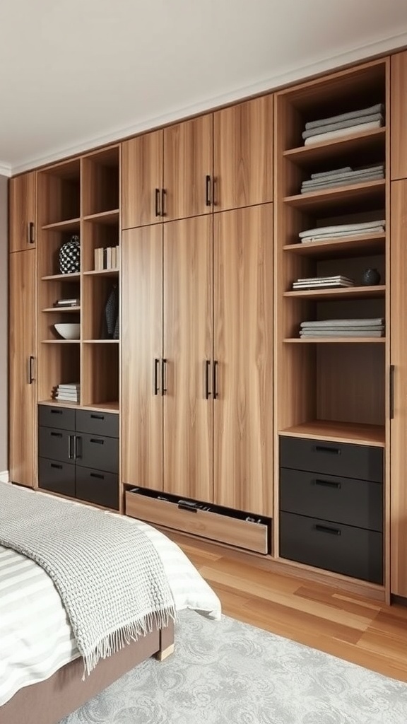 A modern wooden storage unit with open shelves and closed cabinets in a stylish bedroom.