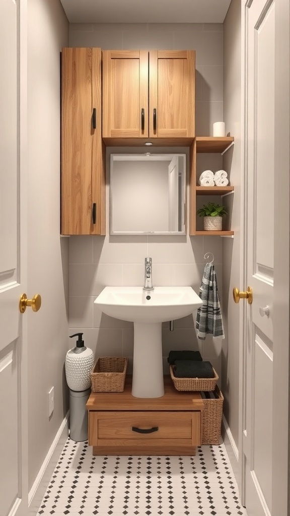A small bathroom featuring a floating vanity with hidden storage, wooden cabinets, open shelving, and patterned floor tiles.