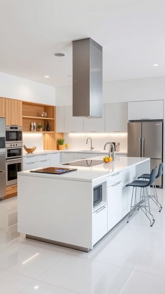 A modern kitchen island with a sleek design, integrated cooktop, and minimalist style.