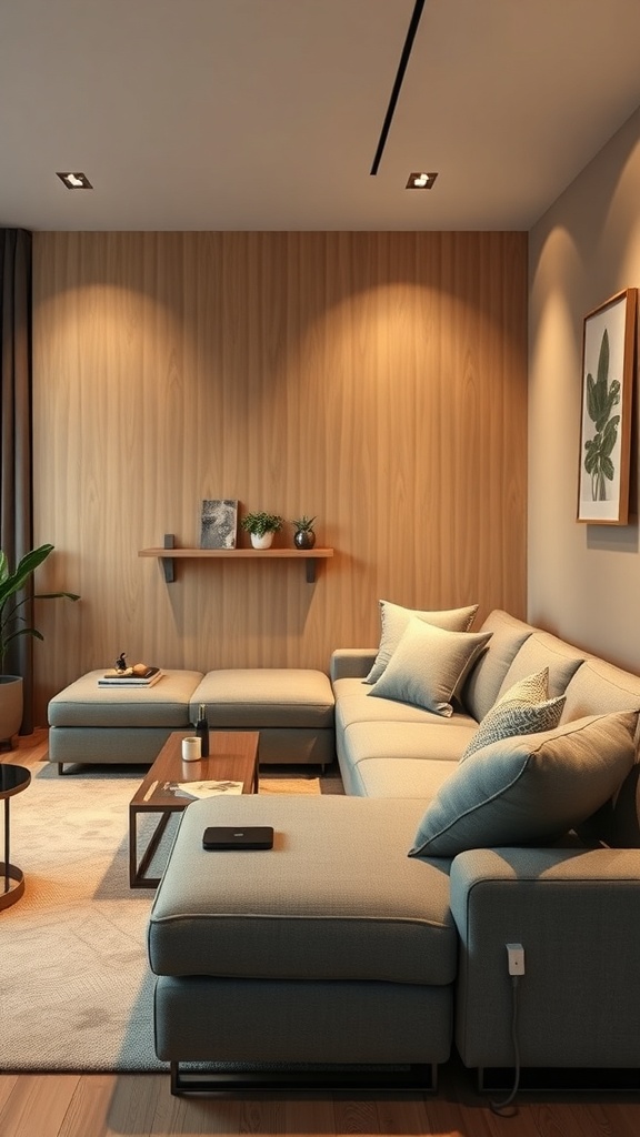 A modern living room featuring a stylish couch, wooden wall, plants, and smart technology integration.