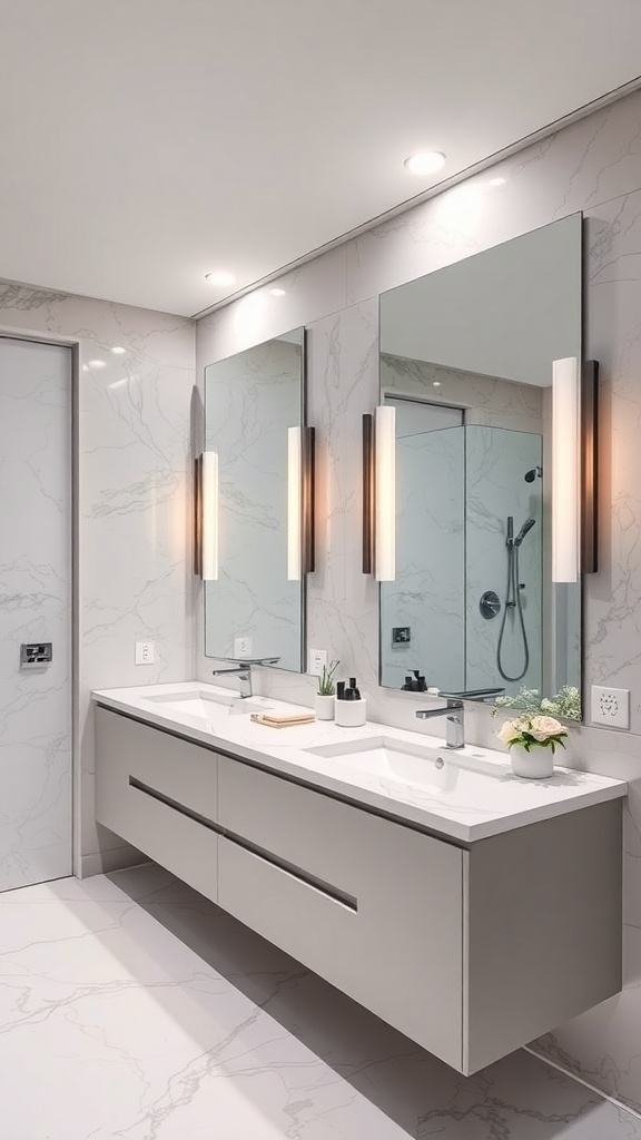 A modern master bathroom featuring sleek design, smart technology integration, and elegant fixtures.