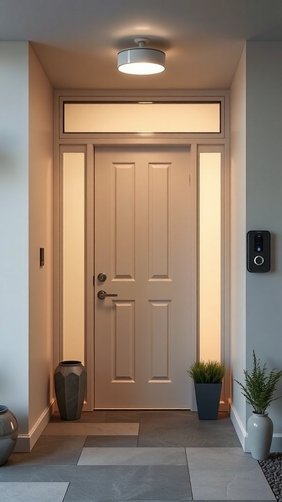 Modern entryway with smart technology integration, featuring a stylish door, smart doorbell, and decorative plants.