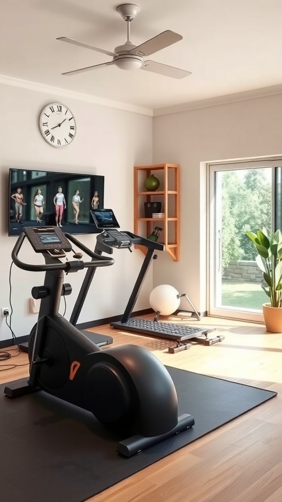 A modern home gym with a stationary bike, treadmill, and a large screen displaying fitness content.
