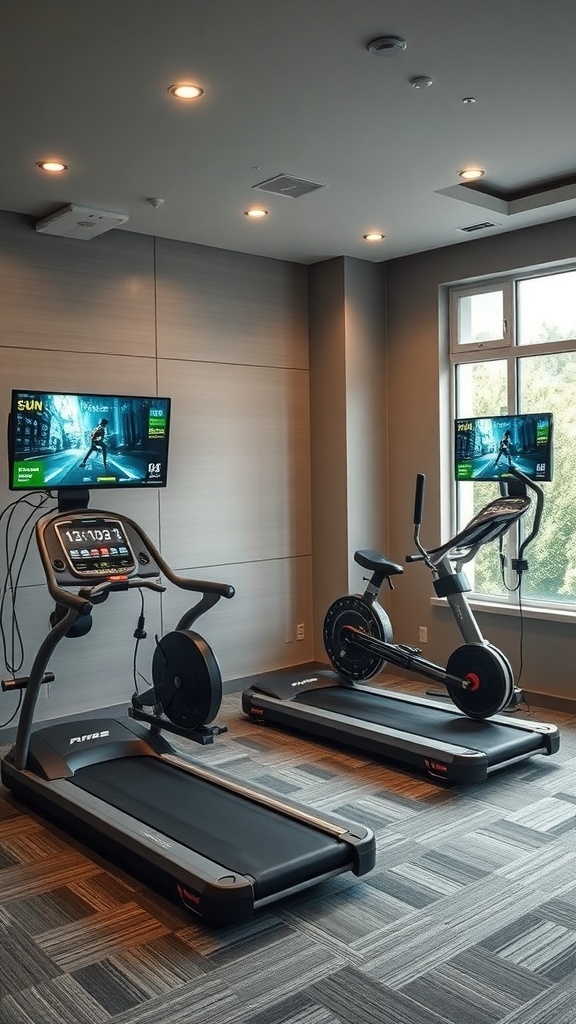 A modern home gym featuring an elliptical machine and a stationary bike, both with screens displaying workout stats.