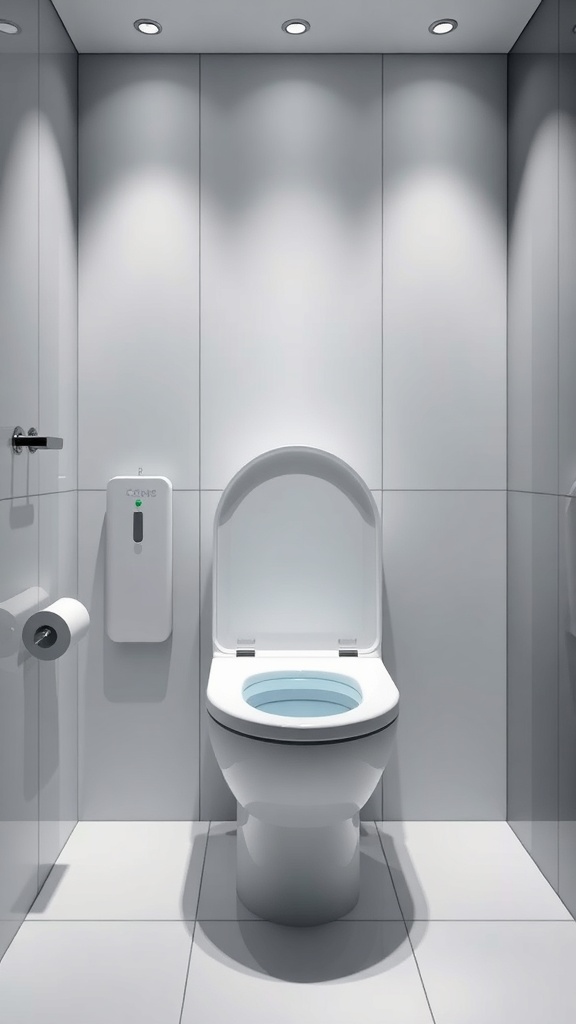 A modern smart toilet in a sleek bathroom setting with minimalist design.