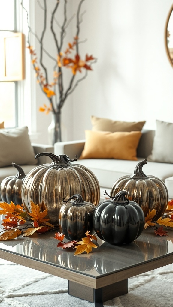 A stylish arrangement of smoky glass pumpkins in various sizes on a coffee table, surrounded by autumn leaves.