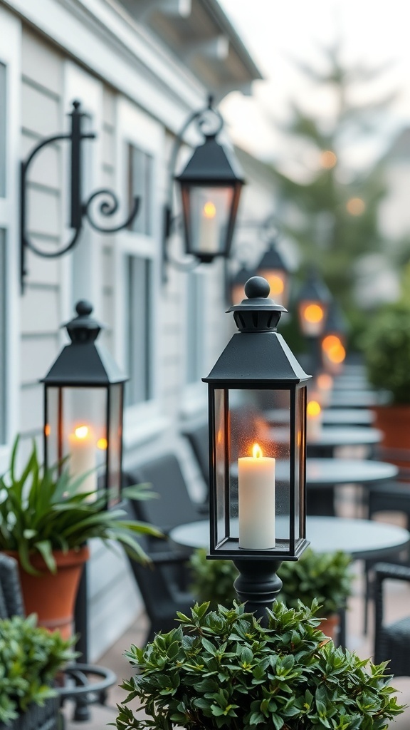 A row of black lanterns with flickering candles, surrounded by greenery, creating a warm glow.
