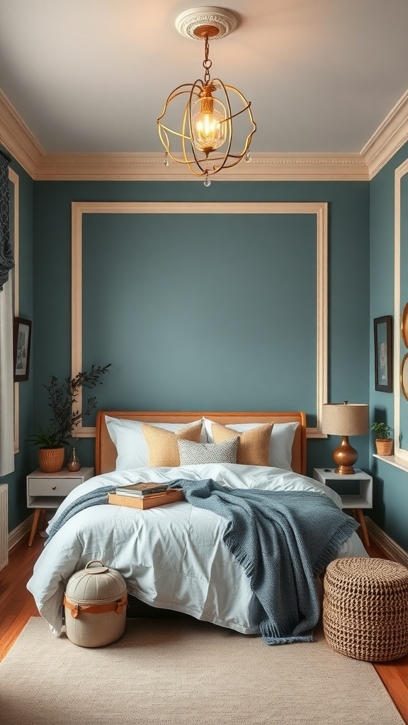 A cozy bedroom featuring smoky teal walls with ivory trim, warm wooden furniture, and layered textiles.