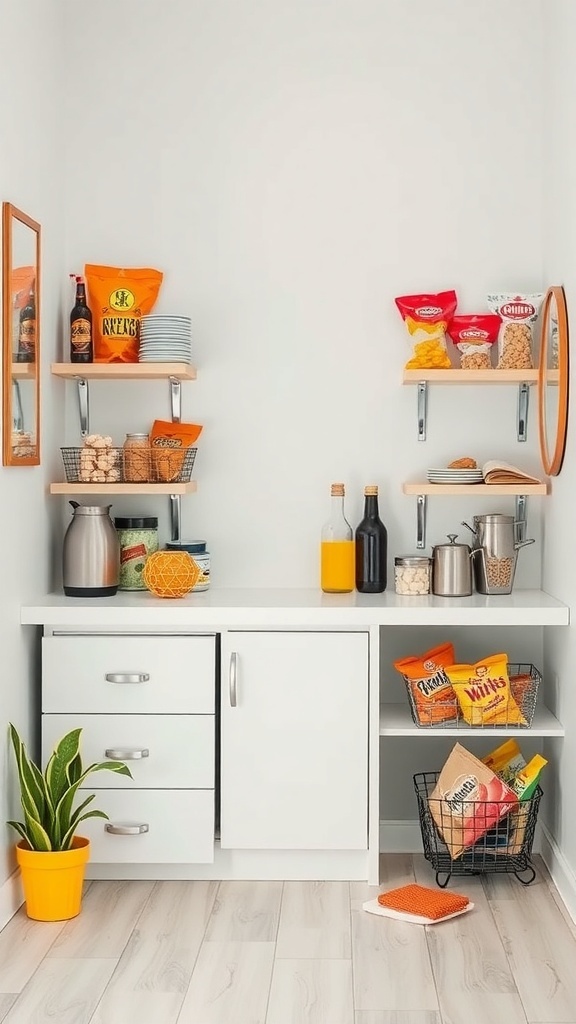 A stylish kitchen corner featuring shelves with snacks, drinks, and a small plant.