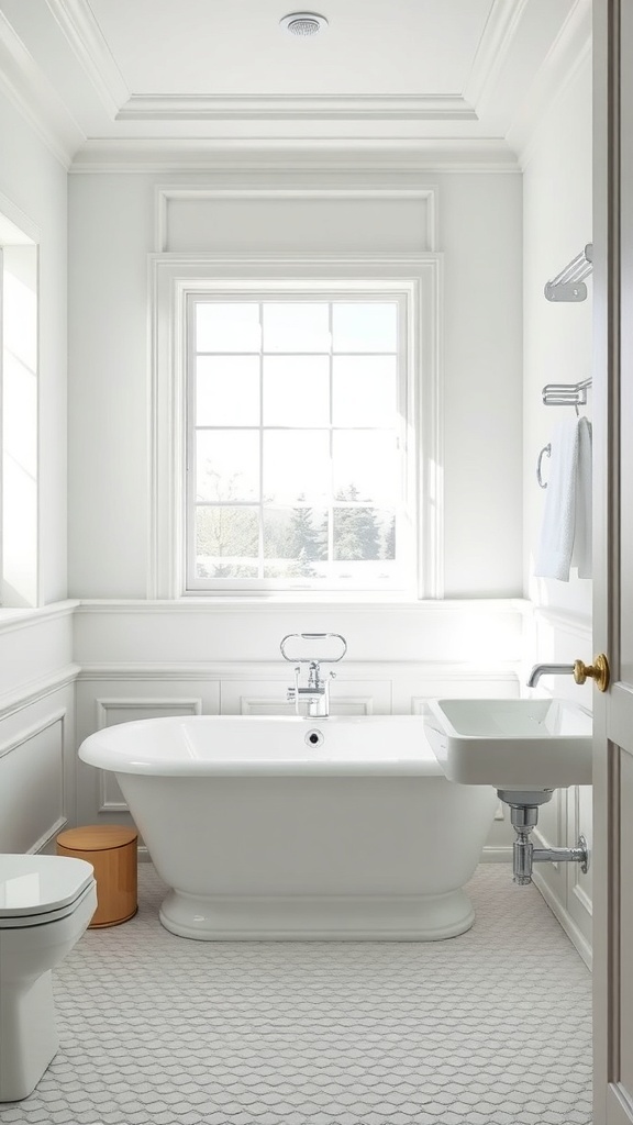 A bright and clean bathroom featuring a white bathtub, sink, and walls with natural light coming through the window.