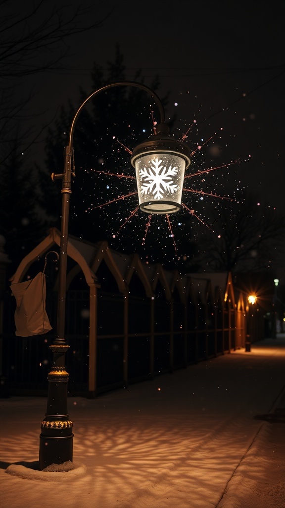 Lamp post with a snowflake projector casting patterns in the snow
