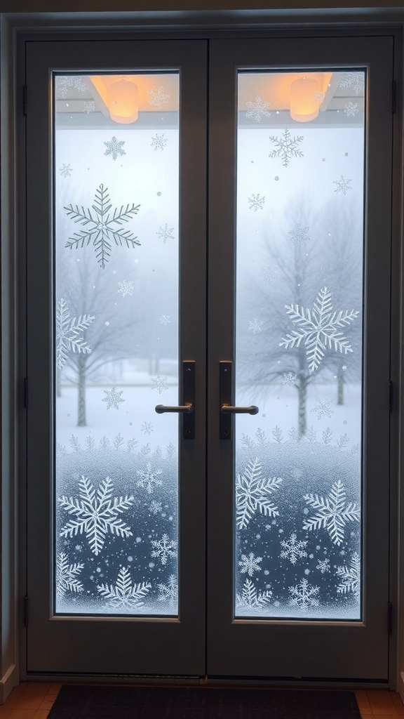 Glass doors decorated with snowflake window clings, creating a winter scene.