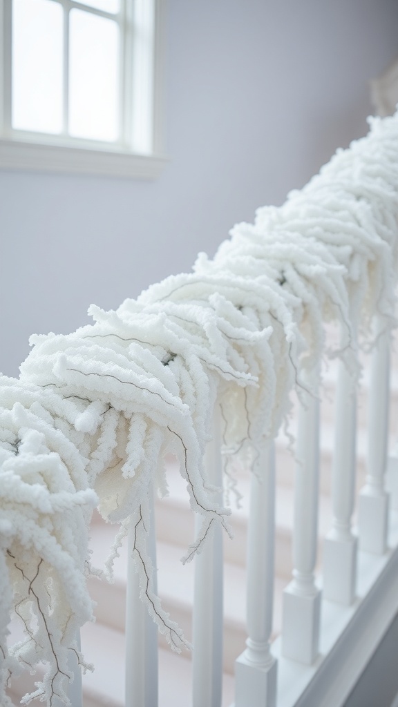 A snowy garland draped over a white banister, creating a cozy winter atmosphere.