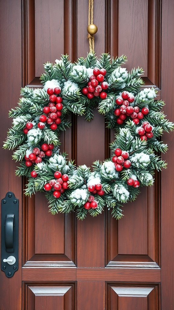 A snowy pine and berry wreath hanging on a wooden door.
