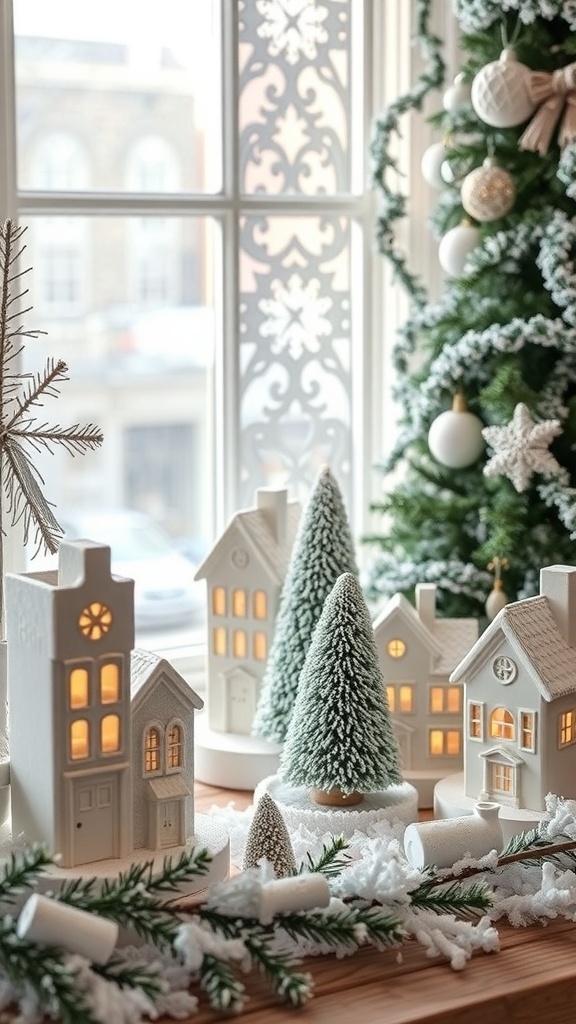 Decorative snowy white ceramic houses and trees on a wooden surface with greenery.