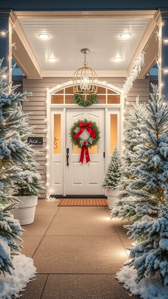 A snowy white porch decorated for Christmas with mini trees, a wreath, and twinkling lights.