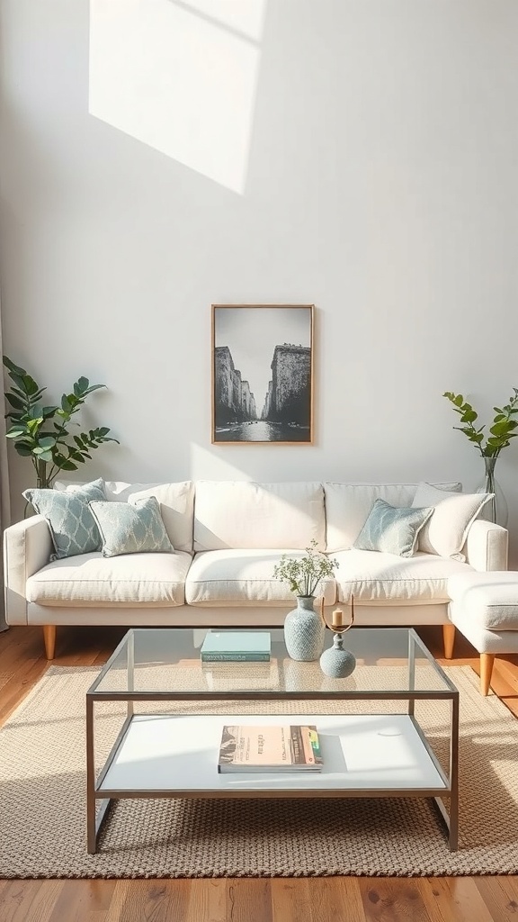 A modern living room featuring a glass-topped sofa table with a sleek design, surrounded by a light sofa and decorative elements.