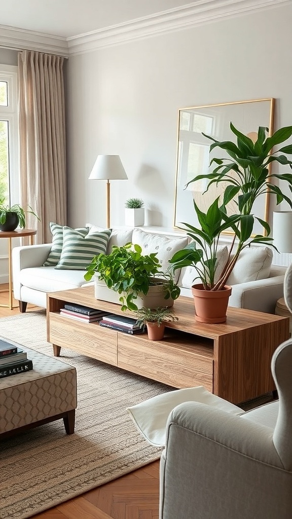 A modern living room featuring a wooden sofa table with integrated planters, showcasing lush green plants.
