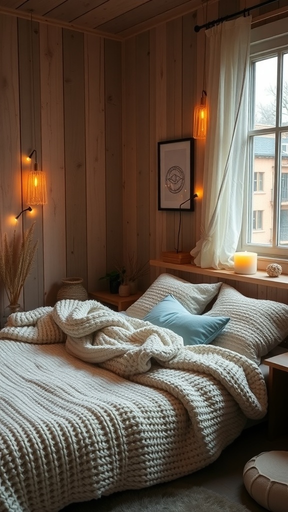 Cozy small bedroom with a chunky knit blanket, warm lighting, and natural wood accents.