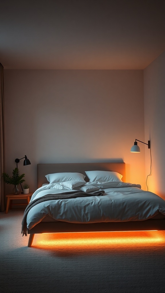 A cozy bedroom with under-bed frame lighting creating a warm glow.